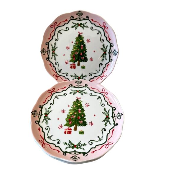 4 Potter's Studio CHRISTMAS TREE PINK Salad Plates 9in Ceramic Bows Holiday New - Picture 2 of 16